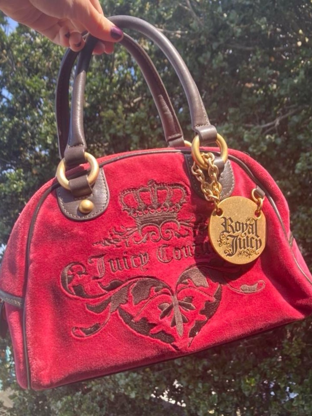 Juicy Couture Red Velvet Satchel with Brown Handles and Gold Charm